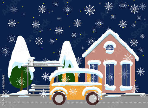 bus stop covered with snow. town cozy landscape flat in snowdrift