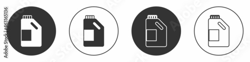 Black Plastic bottle for laundry detergent, bleach, dishwashing liquid or another cleaning agent icon isolated on white background. Circle button. Vector