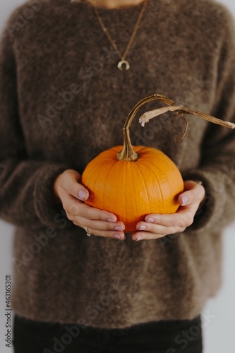 Women's hands in sweater are holding pumpkin