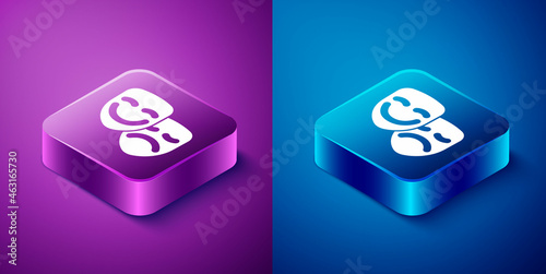 Isometric Comedy and tragedy theatrical masks icon isolated on blue and purple background. Square button. Vector