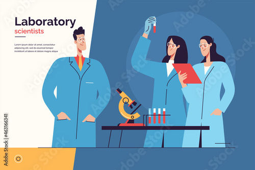Vector illustration depicting a team of scientists at work in the laboratory. Editable stroke