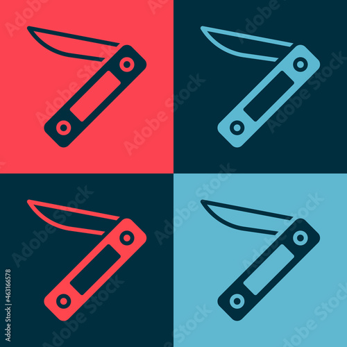 Pop art Swiss army knife icon isolated on color background. Multi-tool, multipurpose penknife. Multifunctional tool. Vector