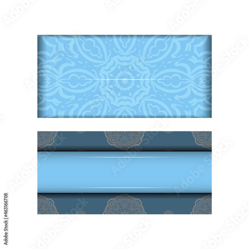 Template Greeting card in blue color with mandala white ornament prepared for printing.