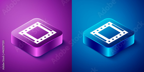 Isometric Play video icon isolated on blue and purple background. Film strip sign. Square button. Vector