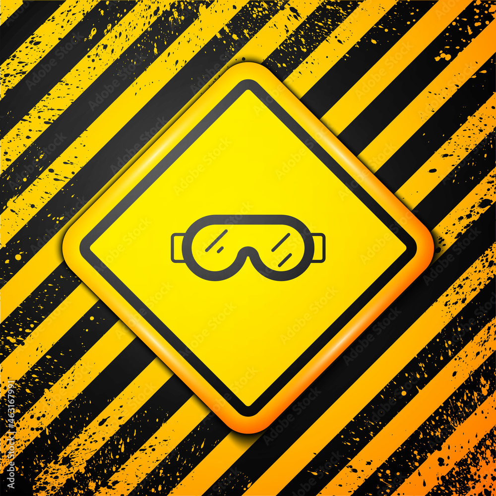 Black Safety goggle glasses icon isolated on yellow background. Warning sign. Vector Black Safety goggle glasses icon isolated on yellow background. Warning sign. Vector