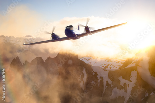 Twin Engine Airplane Flying over the Rocky Mountain Landscape. Adventure Composite. 3D Rendering Plane. Background from British Columbia, Canada.