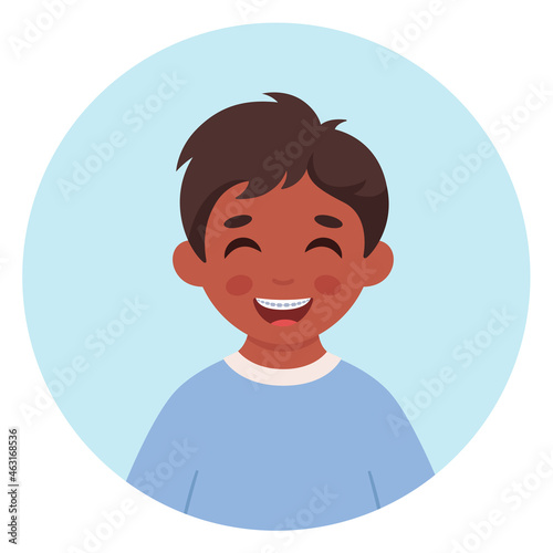 Boy with dental braces. Dental care. Little boy portrait in circular frame. Vector illustration
