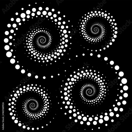 Vector editable graphics. Monochrome dots in the form of a circle, a spiral. Round geometric logo, stencil, dotted frame, web banner, poster, cover, social media splash with place to place your text.