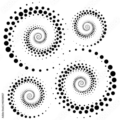 Vector editable graphics. Monochrome dots in the form of a circle, a spiral. Round geometric logo, stencil, dotted frame, web banner, poster, cover, social media splash with place to place your text.