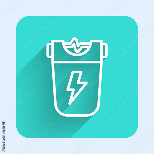 White line Police electric shocker icon isolated with long shadow background. Shocker for protection. Taser is an electric weapon. Green square button. Vector