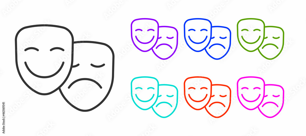 Black line Comedy and tragedy theatrical masks icon isolated on white background. Set icons colorful. Vector