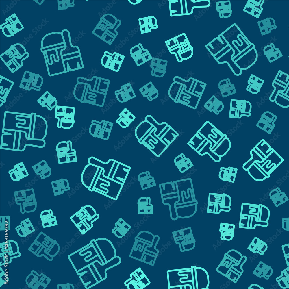 Green line Paint bucket with brush icon isolated seamless pattern on blue background. Vector