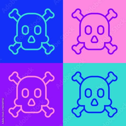 Pop art line Bones and skull as a sign of toxicity warning icon isolated on color background. Vector