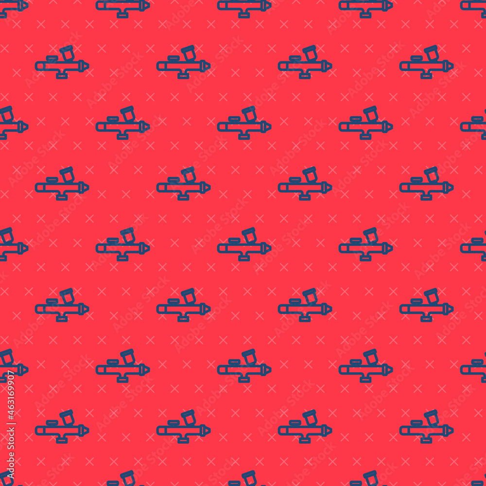 Naklejka premium Blue line Paint spray gun icon isolated seamless pattern on red background. Vector