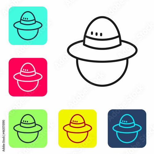 Black line Camping hat icon isolated on white background. Beach hat panama. Explorer travelers hat for hunting, hiking, tourism. Set icons in color square buttons. Vector