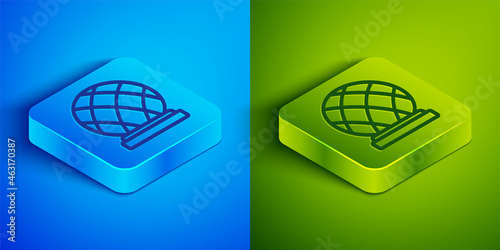 Isometric line Montreal Biosphere icon isolated on blue and green background. Square button. Vector