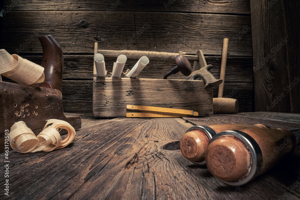 Vintage carpentry tools. with tampers, chisels and planes. - obrazy, fototapety, plakaty 