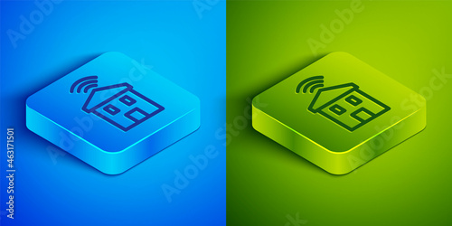 Isometric line Smart home with wi-fi icon isolated on blue and green background. Remote control. Square button. Vector