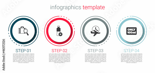 Set Lost baggage, No water bottle, Flight time and Liquids in carry-on. Business infographic template. Vector