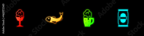 Set Glass of beer, Dried fish, and Beer can icon. Vector