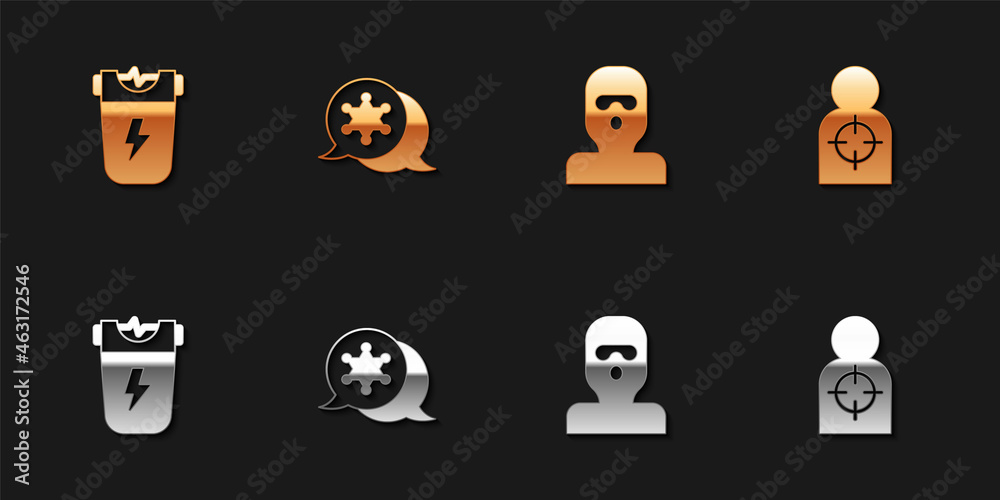 Set Police electric shocker, Hexagram sheriff, Thief mask and Human target sport for shooting icon. Vector Set Police electric shocker, Hexagram sheriff, Thief mask and Human target sport for shooting icon. Vector
