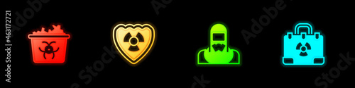 Set Infectious waste, Radioactive in shield, Nuclear reactor worker and Radiation nuclear suitcase icon. Vector