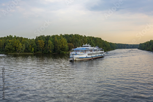 White double-deck ship Bashkortostan on a cruise on the Volga River. Built in Hungary in 1962. Yaroslavl Region, Russia