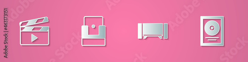 Set paper cut Movie clapper, Cinema chair, Smart Tv and CD disk award frame icon. Paper art style. Vector
