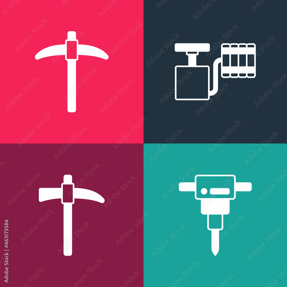Set pop art Construction jackhammer, Pickaxe, Handle detonator and icon. Vector