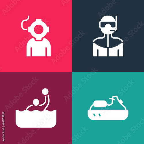 Set pop art Jet ski, Water polo, Wetsuit for scuba diving and Aqualung icon. Vector
