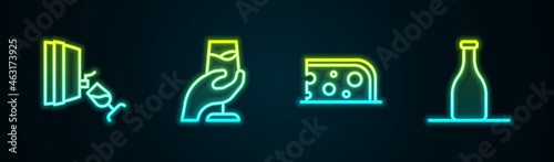 Set line Wine tasting, degustation, , Cheese and Bottle of wine. Glowing neon icon. Vector
