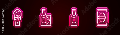 Set line Glass of beer, Beer bottle and can, and . Glowing neon icon. Vector