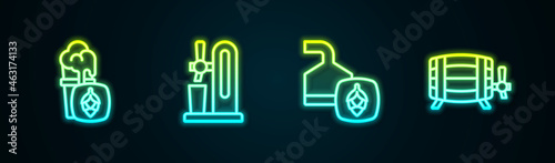 Set line Glass of beer, Beer tap with glass, brewing process and Wooden barrel. Glowing neon icon. Vector