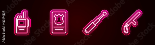 Set line Walkie talkie, Police badge with id case, Telescopic baton and rubber. Glowing neon icon. Vector
