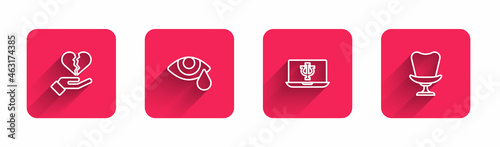 Set line Broken heart or divorce, Tear cry eye, Psychologist online and Armchair with long shadow. Red square button. Vector