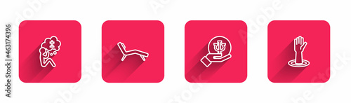Set line Man graves funeral sorrow, Armchair, Psychology, Psi and Helping hand with long shadow. Red square button. Vector