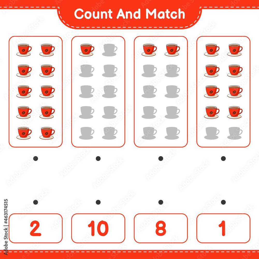 Count and match, count the number of Coffee Cup and match with the right numbers. Educational children game, printable worksheet, vector illustration Count and match, count the number of Coffee Cup and match with the right numbers. Educational children game, printable worksheet, vector illustration