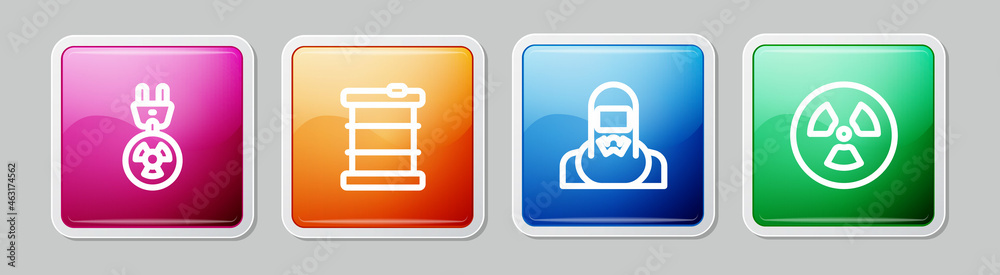 Set line Radiation electrical plug, Radioactive waste in barrel, Nuclear reactor worker and . Colorful square button. Vector Set line Radiation electrical plug, Radioactive waste in barrel, Nuclear reactor worker and . Colorful square button. Vector