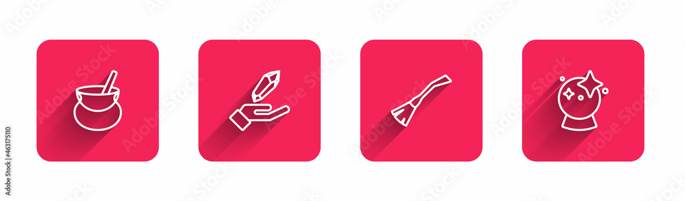 Set line Witch cauldron, Magic stone, Witches broom and ball with long shadow. Red square button. Vector Set line Witch cauldron, Magic stone, Witches broom and ball with long shadow. Red square button. Vector
