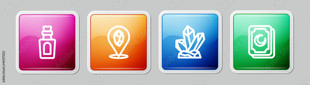 Set line Bottle with potion, Magic stone, and Tarot cards. Colorful square button. Vector