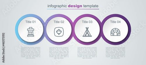 Set line Inukshuk, Canadian maple leaf, Indian teepee or wigwam and Igloo ice house. Business infographic template. Vector