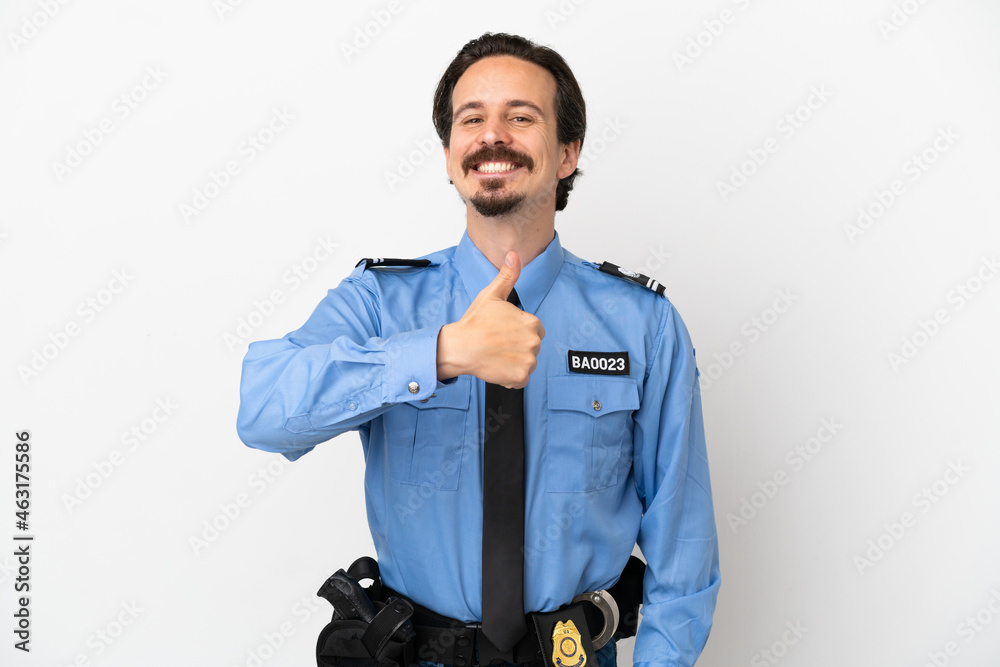 Fototapeta premium Young police man over isolated background white giving a thumbs up gesture