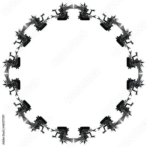 Round ethnic frame with mythological motifs of Aztec Indians. Ancient Mexican goddess. Black and white silhouette.