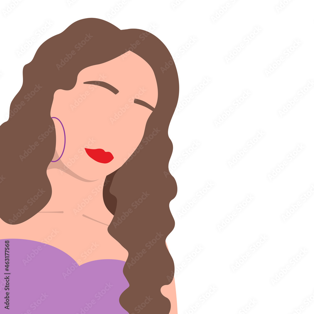 Trendy avatar woman girl face with brunette brown hair hairstyle and earring, eyebrow and lips. For interior, print, postcard, wallpaper, decor, textile, bag, clothing. Vector illustration Trendy avatar woman girl face with brunette brown hair hairstyle and earring, eyebrow and lips. For interior, print, postcard, wallpaper, decor, textile, bag, clothing. Vector illustration