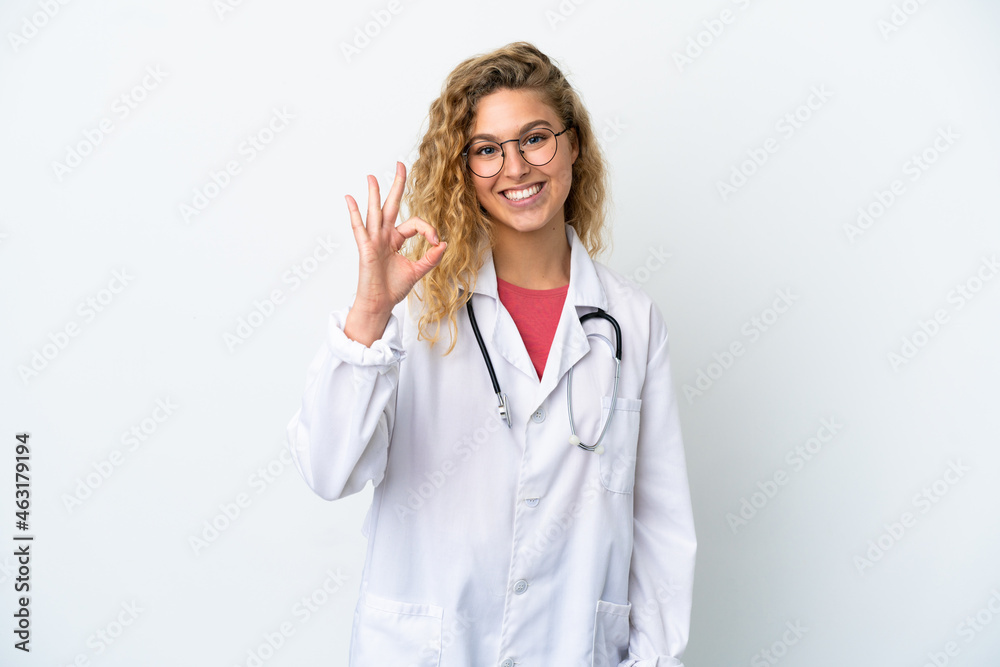 Young doctor blonde woman isolated on white background showing ok sign with fingers Young doctor blonde woman isolated on white background showing ok sign with fingers