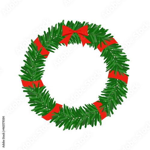 モミの木の葉と赤いリボンのクリスマスリース