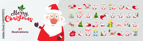 Collection Santa Claus cartoons. Merry Christmas story set. Christmas cartoons illustration of Santa Claus, isolated from the background. Vector illustration deers, gifts boxs, toys, christmas trees.