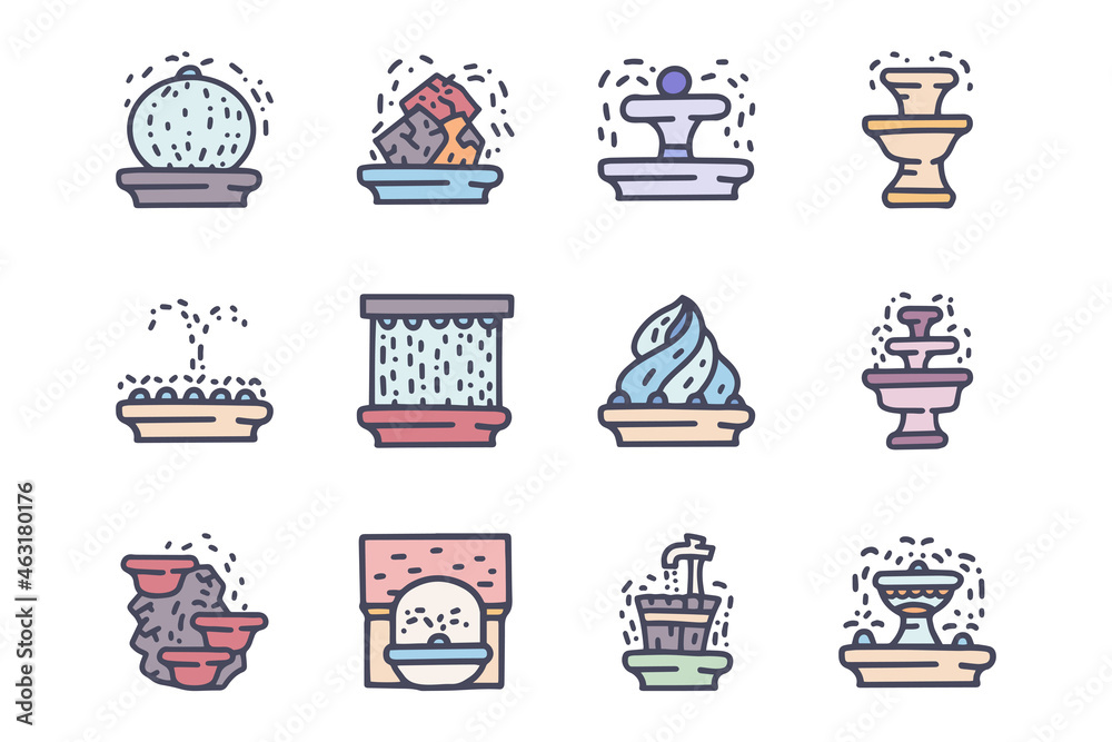 Outdoors fountains color vector doodle simple icon set