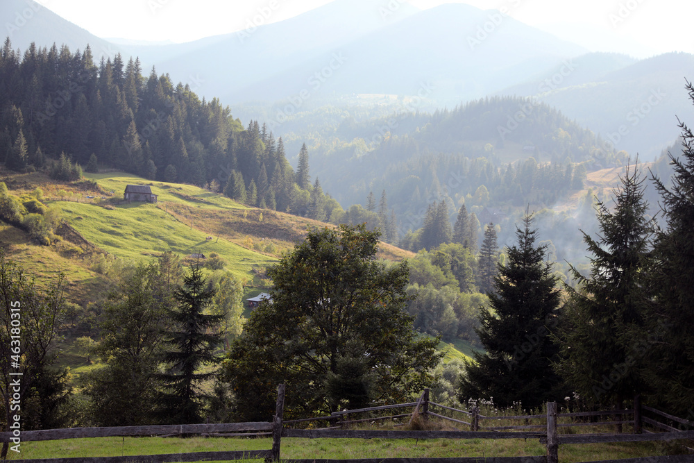 Beautiful view of grassy hill with conifer forest and houses. Mountain landscape Beautiful view of grassy hill with conifer forest and houses. Mountain landscape