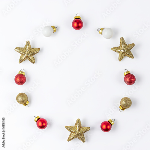 Christmas creative composition on white background. Flat lay. Top view